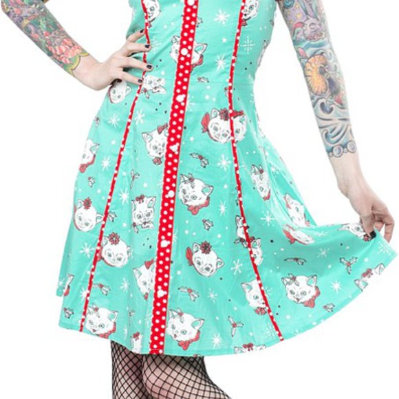 Sourpuss Clothing Retro 1950s Christmas Kitties Peggy Dress Multiple Sizes Cats - Picture 2 of 4
